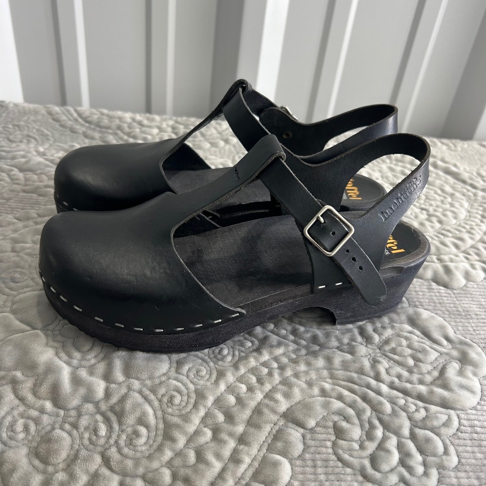 Swedish Hasbeens T-Strap Sky High Clogs Black Leather Wood Platform Sandals 39